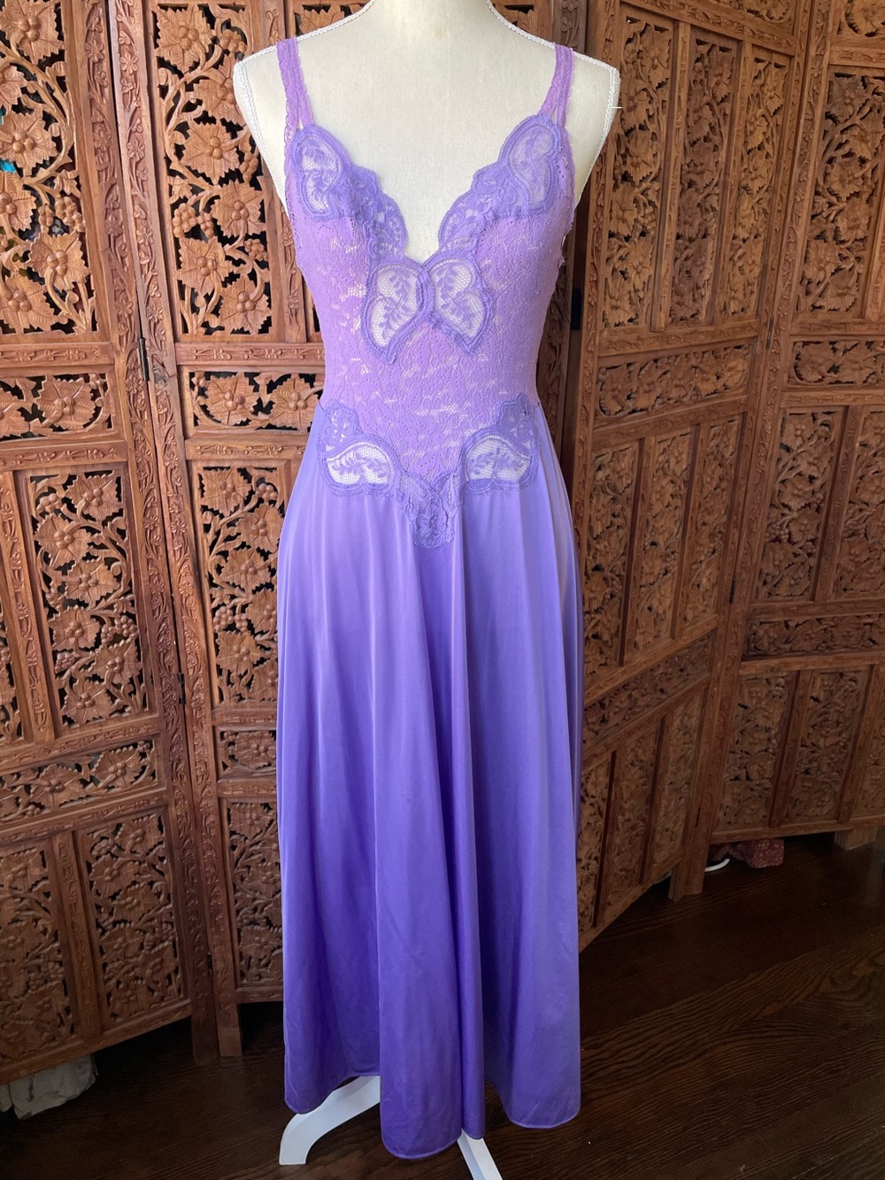 Vintage 70s Lingerie Lavender Lace Bodice Maxi Slip Dress